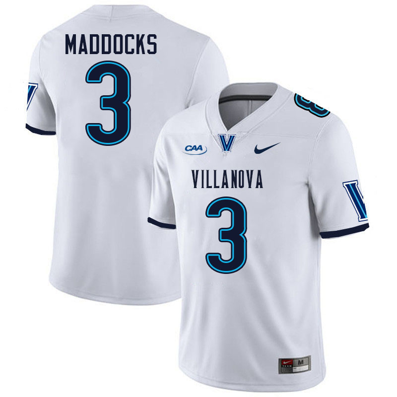 Villanova Wildcats #3 Tanner Maddocks College Football Jerseys Stitched-White Villanova Wildcats #3 Tanner Maddocks College Football Jerseys Stitched-White